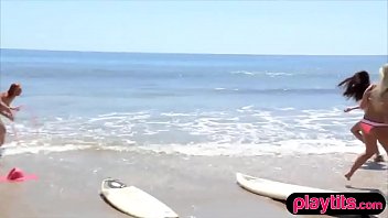 Pretty teens on holiday getting drilled by a lifeguard