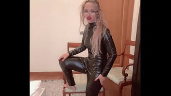 Latex catsuit foot red toenail worship
