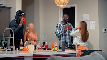 Brunette and blonde slut wives getting blacked by basketball players as their cuck hubbies film and watch