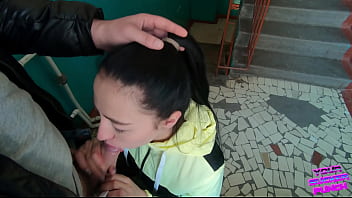 Risky blowjob on public staircase