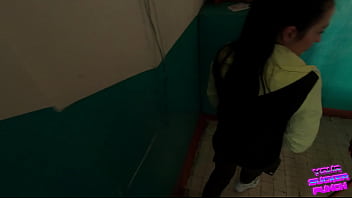 Risky blowjob on public staircase