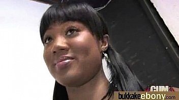 Ebony babe sucks group of white guys 13