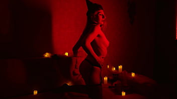 Naked beautiful witch between firing candles
