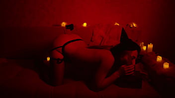 Naked beautiful witch between firing candles