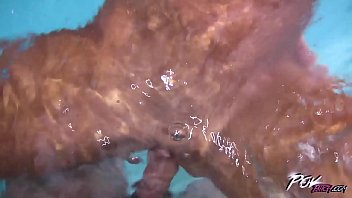 Brunette with flat chest pounded in a public pool pov