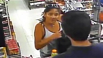 Hot woman flashes boobs at cashier short on cash