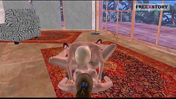 An animated 3d lesbian porn video of two beautiful girls doing sex using strapon in two different positions