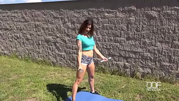 Salacious outdoor blowjob stunning babe sucks cock in garden