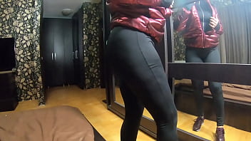 Preview the nympho wife plays with her camel toe jumpsuit and put some cum on her shinny red down jacket 230