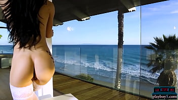 Tiny body brunette milf model in white stockings goes nude for us