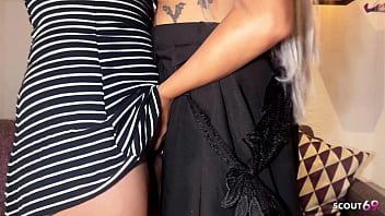 Blonde and black hair tanned latina bitches lick each other before ffm threesome fuck with old german client