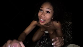 Horny brunette swallows my cock in a hotel bathroom