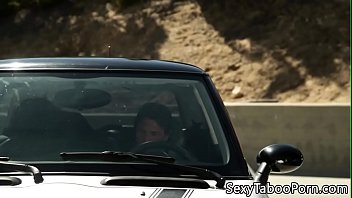 Teenage babe gagging on older guys cock