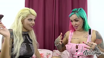 Horny tattooed latina lesbians intense dildo anal sex