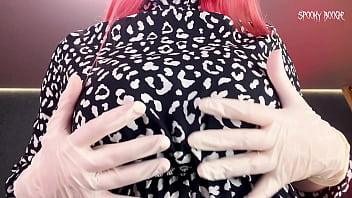 Goth girl makes you horny and jerks you off in gloves on only first date