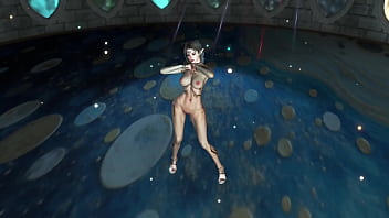 Shapely mature elf preacheress in transparent bodysuit performs ritual dance