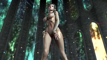 Shapely mature elf preacheress in transparent bodysuit performs ritual dance