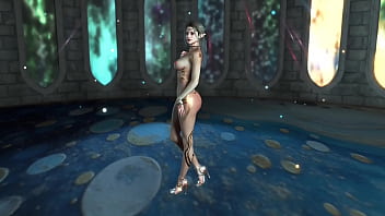 Shapely mature elf preacheress in transparent bodysuit performs ritual dance