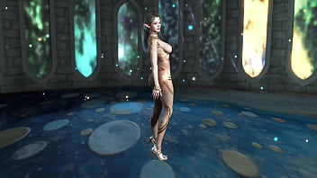 Shapely mature elf preacheress in transparent bodysuit performs ritual dance