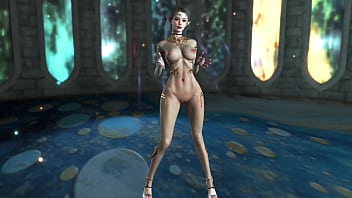 Shapely mature elf preacheress in transparent bodysuit performs ritual dance