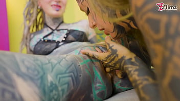 Alt Girls Tattooed Lesbian Dildo Punk Goth Hippie Spit Tongue thumbnail
