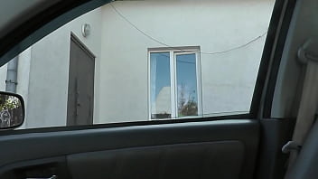 Nude woman neighbor sexy mature milf without panties and bra washes windows her apartment a taxi driver watches from car solo naked in public peeping outdoor outside publicly big natural tits pussy