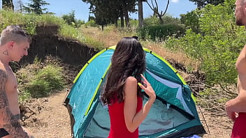 Two males met a couple and fucked his girlfriend right on a public beach