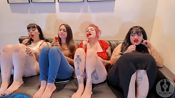 Four girls lollipop chewing gum fetish kissing licking 4k