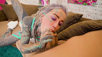 Dreadlocks hippie pornstar gives a big cock sloppy blowjob and anal ride