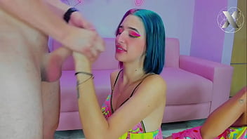 Two beautiful girls with colorful hair fuck his throat