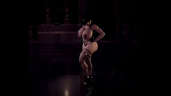 Thick dominatrix lady dimitrescu in bdsm suit shakes her huge tits to music