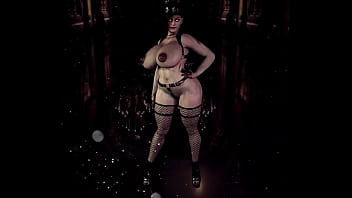 Thick dominatrix lady dimitrescu in bdsm suit shakes her huge tits to music