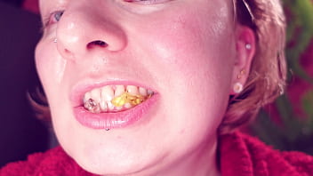 Eating jelly teddybears candies chewing mouth close up