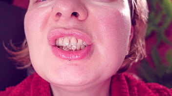 Eating jelly teddybears candies chewing mouth close up