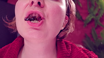 Eating jelly teddybears candies chewing mouth close up