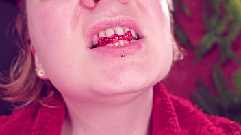 Eating jelly teddybears candies chewing mouth close up