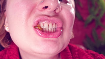 Eating jelly teddybears candies chewing mouth close up