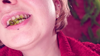 Eating jelly teddybears candies chewing mouth close up