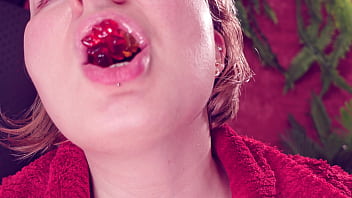 Eating jelly teddybears candies chewing mouth close up