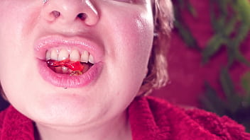 Eating jelly teddybears candies chewing mouth close up