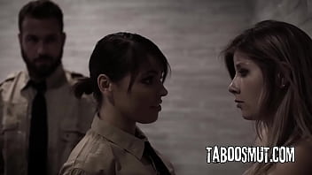 Bratty blonde teenager arrested and fucked by two police officers