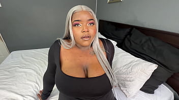 Thick busty ebony milf gags on a white boys cock before he gives her a creampie