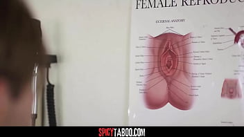 Big tits milf doctor gives a blowjob to her patient after she caught him masturbating