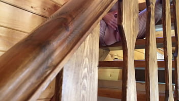 Hot brunette in fetish mask and mesh nylon costume caresses and masturbates horny pussy to orgasm sitting on stairs female masturbation solo