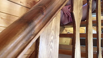 Hot brunette in fetish mask and mesh nylon costume caresses and masturbates horny pussy to orgasm sitting on stairs female masturbation solo