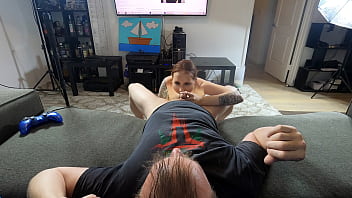 Slut sucks gamer nerds cock