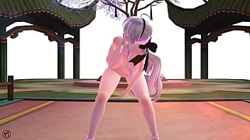 Chica de cabello blanco bailando en bikini rosa y