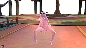 Chica de cabello blanco bailando en bikini rosa y