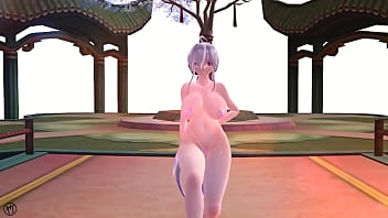 Chica de cabello blanco bailando en bikini rosa y