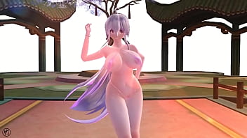 Chica de cabello blanco bailando en bikini rosa y